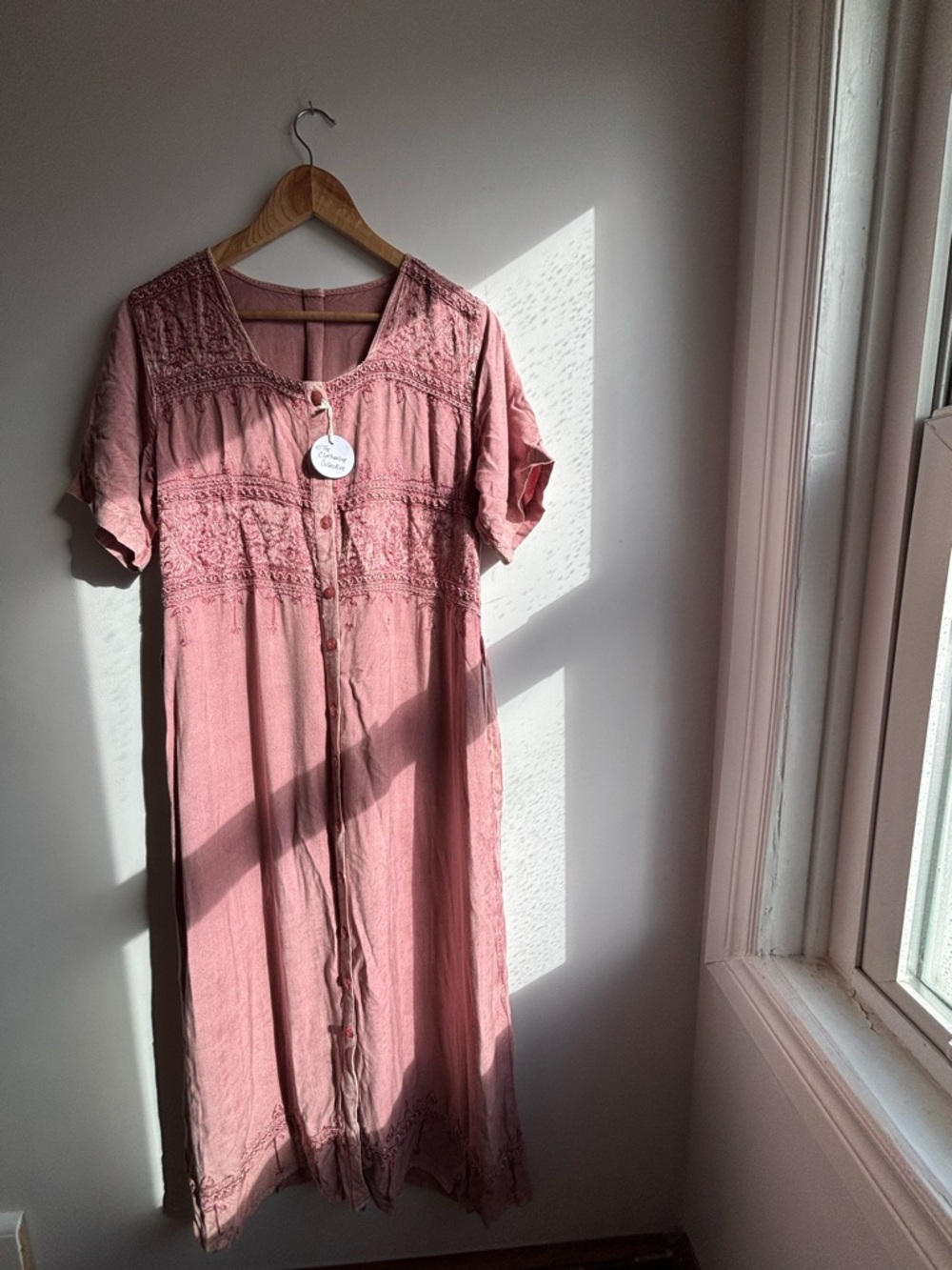 Dusty Rose Button-Front Embroidered Detail Dress